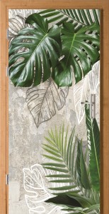 NAKLEJKA NA DRZWI FOTOTAPETA SAMOPRZYLEPNA liście monstery beton 