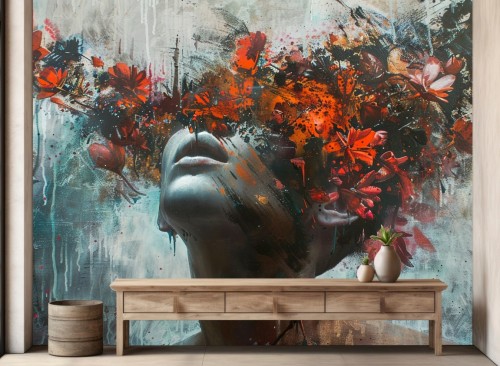 Nowoczesna fototapeta do salonu KOBIETA ART MALOWANY MURAL KWATY MODERN