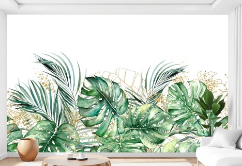 Fototapeta akwarelowe liście tropikalne ze złotem do salonu sypialni 