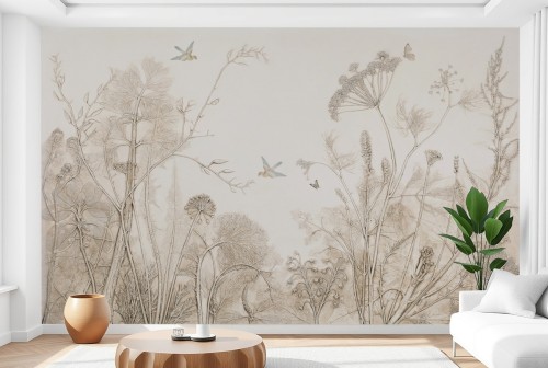 Fototapeta minimalizm boho rośliny łąka kwiaty w beżach do salonu sypialni