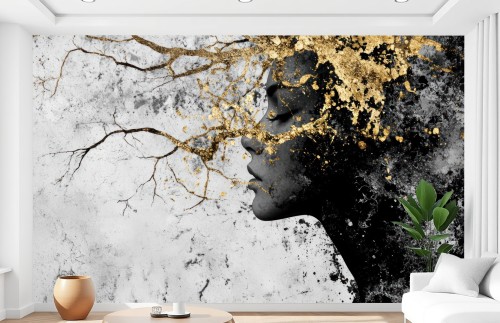 Fototapeta do salonu TWARZ KOBIETY W ZŁOCIE ABSTRAKCJA GLAMOUR