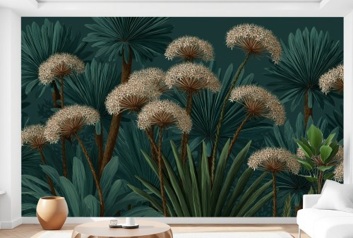 Fototapeta nowoczesna botanika rośliny w turkusie TAPETA NA ŚCIANĘ