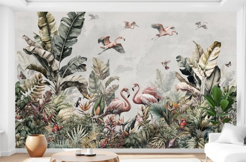 Fototapeta FLAMINGI Dżungla Liście Palmy tropikalne rośliny 