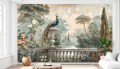 Fototapeta do salonu ROMANTYCZNY OGRÓD KWIATY PAWIE PTAKI