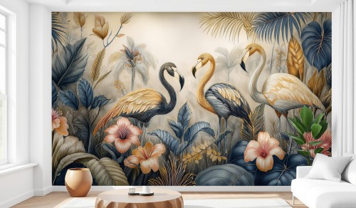 Fototapeta z motywem tropikalnym flamingi w dżungli