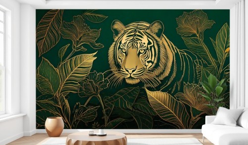 Fototapeta MODERN ZŁOTY TYGRYS LIŚCIE do sypialni salonu