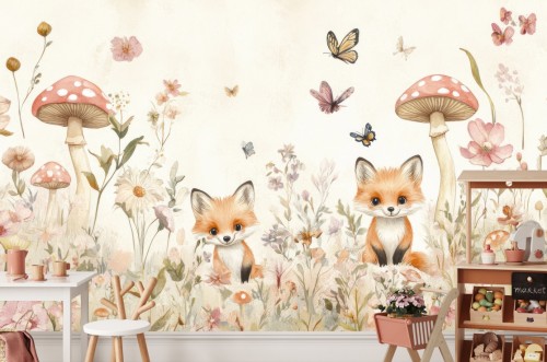 Fototapeta zwierzątka leśne lisek kwiaty dla dzieci 