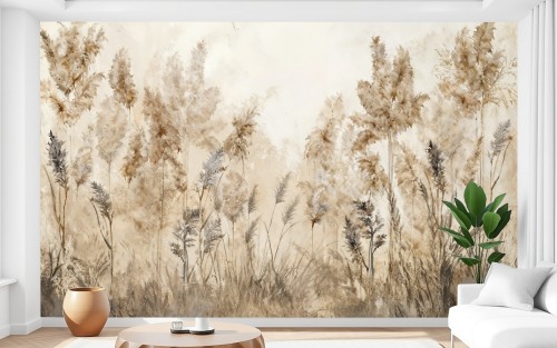 Fototapeta do salonu PIÓROPUSZE NA WIETRZE BOHO TRAWY premium na wymiar 