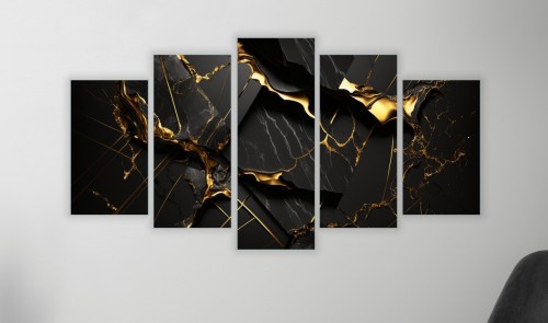 Obraz 5 części tryptyk NOWOCZESNY MARMUR CZARNO-ZŁOTY do salonu sypialni