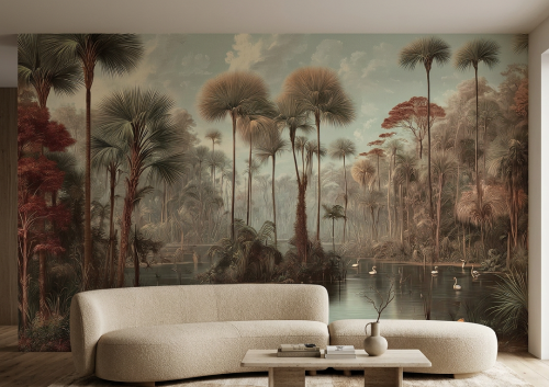 Luksusowa fototapeta krajobrazowa – tropikalna laguna i palmy w stylu linearnym Japandi CALYPSO 