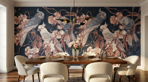 Ekskluzywna fototapeta z papugami kakadu – mroczna botanika i liniowy styl art deco COCKATOO 