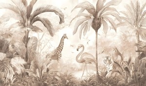 Luksusowa fototapeta z dzikimi zwierzętami i palmami – efekt antycznej ryciny i sepii ELYSIUM 