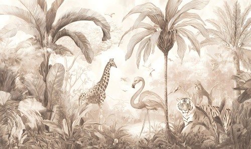 Luksusowa fototapeta z dzikimi zwierzętami i palmami – efekt antycznej ryciny i sepii ELYSIUM 