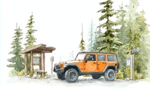 Przygodowa fototapeta dla dzieci – pomarańczowy samochód terenowy, las i akwarelowy szlak górski EXPEDITION