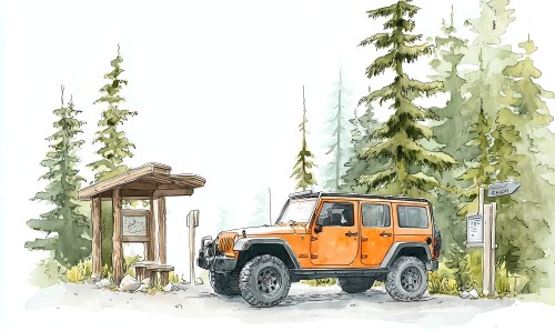 Przygodowa fototapeta dla dzieci – pomarańczowy samochód terenowy, las i akwarelowy szlak górski EXPEDITION