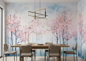  Artystyczna fototapeta z motywem mglistego lasu – pastelowa akwarela i drzewa w stylu Modern Dream MISTIA