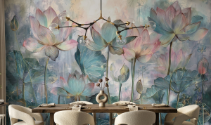 Ekskluzywna fototapeta z lotosami – liniowy szkic botaniczny, złote  kontury i akwarelowe tło w stylu Zen NUVOLA 