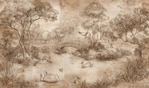 Artystyczna fototapeta krajobrazowa – antyczna rycina z łabędziami i mostem  SABIA 