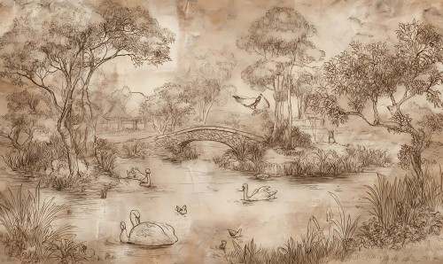 Artystyczna fototapeta krajobrazowa – antyczna rycina z łabędziami i mostem  SABIA 