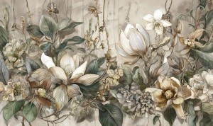  Ekskluzywna fototapeta botaniczna w odcieniach beżu i szałwii VELLIA