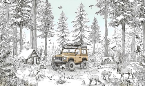 Dziecięca fototapeta przygodowa – samochód terenowy, zimowy las i zwierzęta leśne WILDER  