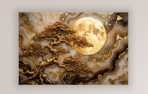 Obraz 3D luksusowy Złote Drzewo Bonsai i Księżyc w złocie DO SALONU SYPIALNI