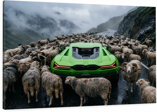 obraz Czarna Owca Sukcesu Lamborghini Aventador SVJ i stado owiec