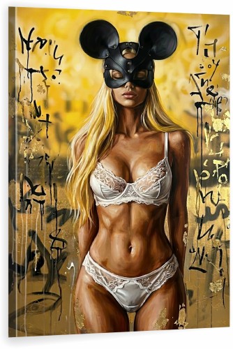 Ekskluzywny Obraz Kobieta seksowna w Masce Myszki, Modern Pop Art –Złote Detale, Glamour Street Art, Luxury Wall Art – Edycja Premium | Sztuka Nowoczesna i Pop-Art