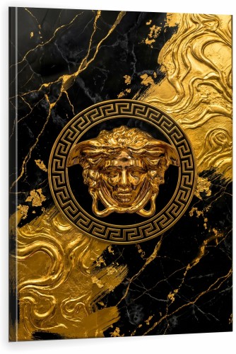 Ekskluzywny Obraz Canvas Obraz na płótnie Złota Meduza - Czarny Marmur - Styl Versace Glamour – Edycja Premium | Sztuka Nowoczesna i Glamour