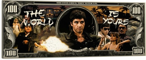 Obraz Pop Art: Scarface „The World Is Yours” – Tony Montana na tle 100 Dolarów