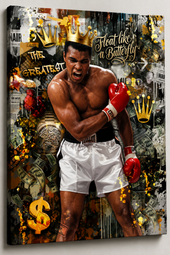Obraz MUHAMMAD ALI The Greatest Pop Art Street Art – Nowoczesne Płótno Loft ze Złotem i Dolarami – Edycja Premium