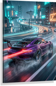 Obraz PORSCHE GT3 RS Cyberpunk Fioletowe Neon Miasto Noc – Nowoczesne Płótno Futurystyczny Loft – Edycja Premium