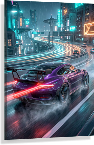 Obraz PORSCHE GT3 RS Cyberpunk Fioletowe Neon Miasto Noc – Nowoczesne Płótno Futurystyczny Loft – Edycja Premium