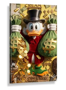 Obraz SKNERUS MCKWACZ Golden Scrooge The Other Side – Nowoczesny Luksusowy Pop Art Money z Monetami Chanel i Diabłem Tasmańskim – Edycja Premium