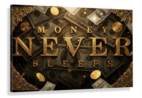 Obraz MONEY NEVER SLEEPS Motywacyjny Złote Dolary – Nowoczesna Sztuka Pop Art – Edycja Premium