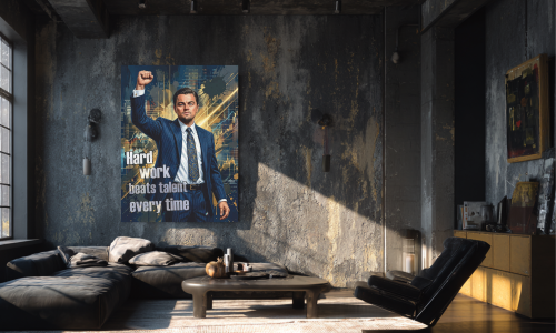 Obraz WILK Z WALL STREET Hard Work Beats Talent Jordan Belfort – Nowoczesna Sztuka Motywacyjna Loft do Biura i Salonu – Edycja Premium