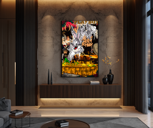 Obraz KRÓLIK BUGS No Money No Funny Dive Bugs – Nowoczesny Luksusowy Pop Art Money ze Złotym Lamborghini i Monetami – Edycja Premium