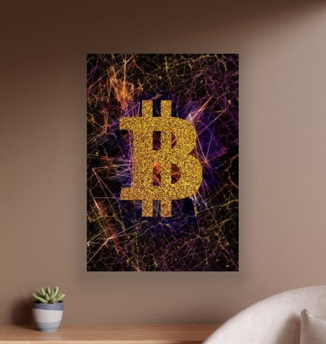 Obraz BITCOIN Złoty Brokat OBRAZ Motywacyjny Kryptowaluty Blockchain