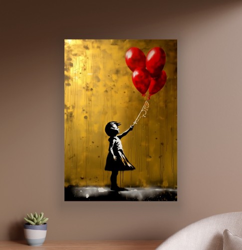 Obraz DZIEWCZYNKA Z BALONAMI Banksy Złoty OBRAZ Nowoczesny Loft Graffiti