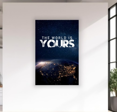 Obraz THE WORLD IS YOURS Motywacyjny OBRAZ Kosmos Ziemia Człowiek z Blizną Loft