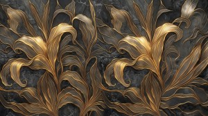 Ekskluzywna fototapeta 3D ze złotymi kwiatami – płynne linie i czarny marmur w stylu Glamour i Modern Classic AURELIA
