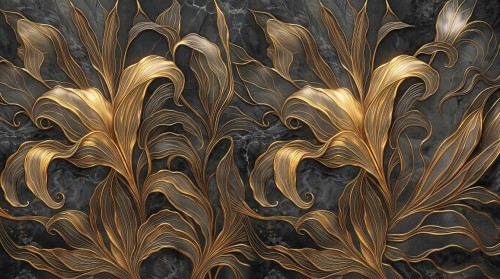 Ekskluzywna fototapeta 3D ze złotymi kwiatami – płynne linie i czarny marmur w stylu Glamour i Modern Classic AURELIA