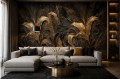 Ekskluzywna fototapeta 3D ze złotymi kwiatami – płynne linie i czarny marmur w stylu Glamour i Modern Classic AURELIA
