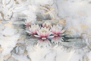 Fototapeta z liliami wodnymi – akwarelowe nenufary, biały marmur i złote użylenia w stylu Glamour i Organic Modern