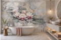 Fototapeta z liliami wodnymi – akwarelowe nenufary, biały marmur i złote użylenia w stylu Glamour i Organic Modern