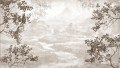 Malownicza fototapeta z górskim krajobrazem – zamglona dolina, gałęzie drzew i przetarta struktura w stylu Sepia i Vintage