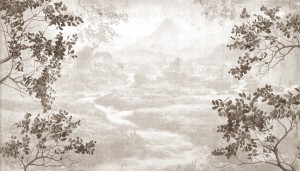 Malownicza fototapeta z górskim krajobrazem – zamglona dolina, gałęzie drzew i przetarta struktura w stylu Sepia i Vintage