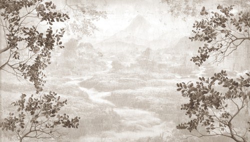 Malownicza fototapeta z górskim krajobrazem – zamglona dolina, gałęzie drzew i przetarta struktura w stylu Sepia i Vintage