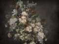Fototapeta z bukietem kwiatów – holenderskie martwa natura, ciemne tło i antyczna struktura w stylu Dark Academia i Vintage