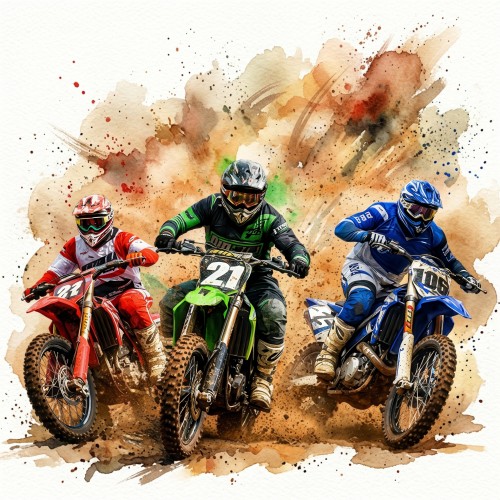 Fototapeta z wyścigiem motocross – akwarelowe motocykle enduro, kłęby kurzu i sportowe emocje dla chłopca i nastolatka